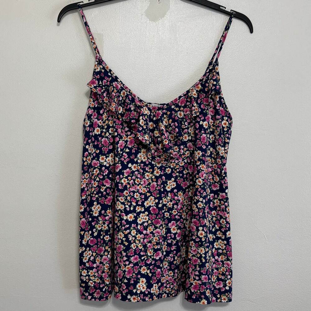 White Birch Blue Floral Ruffle Tank Top XL Adjustable Straps
